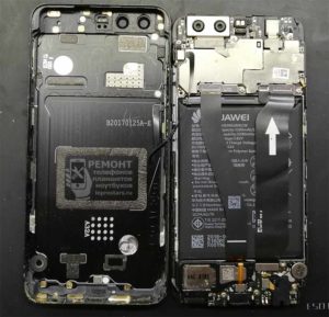 Huawei P10 (VTR-L29) вид на внутреннюю часть смартфона после снятия задней крышки
